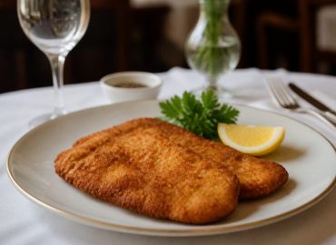 En perfekt tillagad schnitzel med tillbehör på en tallrik.