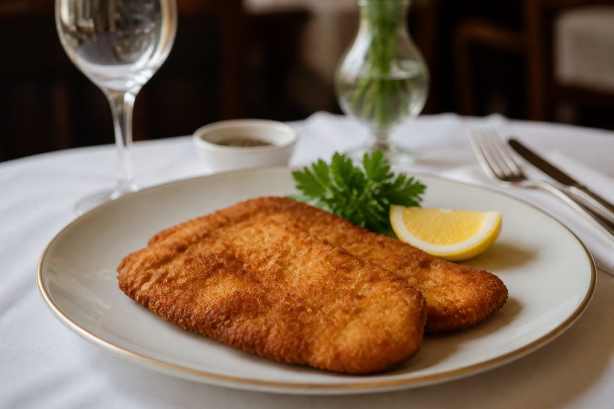 En perfekt tillagad schnitzel med tillbehör på en tallrik.